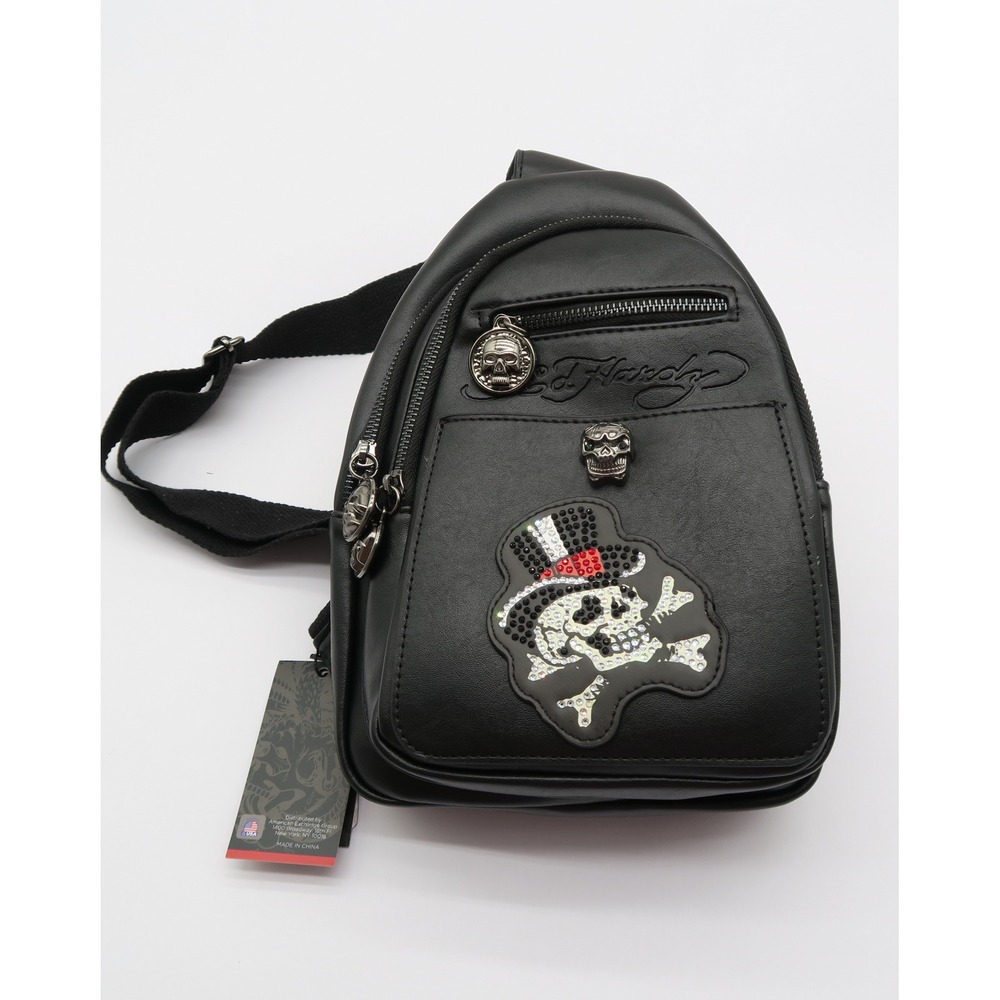 Ed Hardy Mens Black Faux Leather Rhinestone Skull Sling Bag Crossbody Backpack